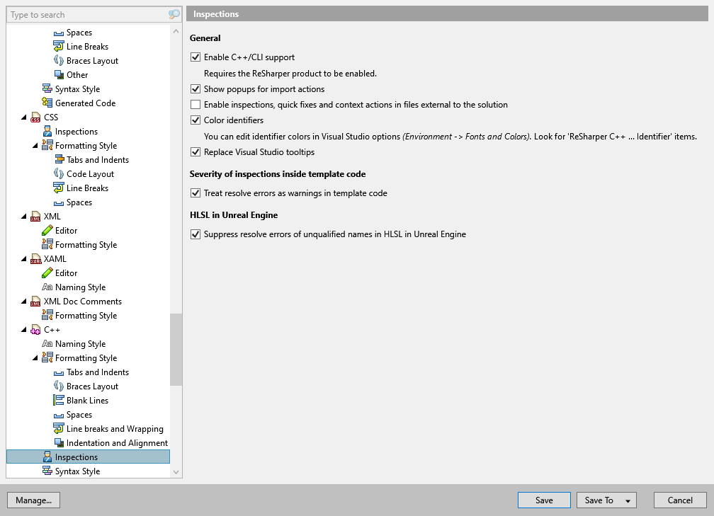 ReSharper options: Code Editing | C++ | Inspections