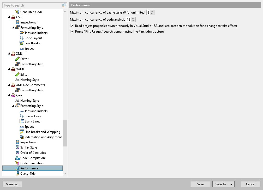 ReSharper options: Code Editing | C++ | Performance