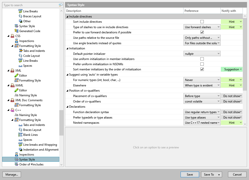 ReSharper options: Code Editing | C++ | Syntax Style