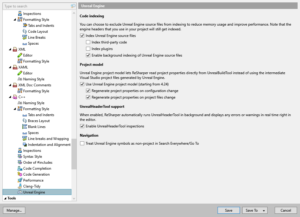 ReSharper options: Code Editing | C++ | Unreal Engine