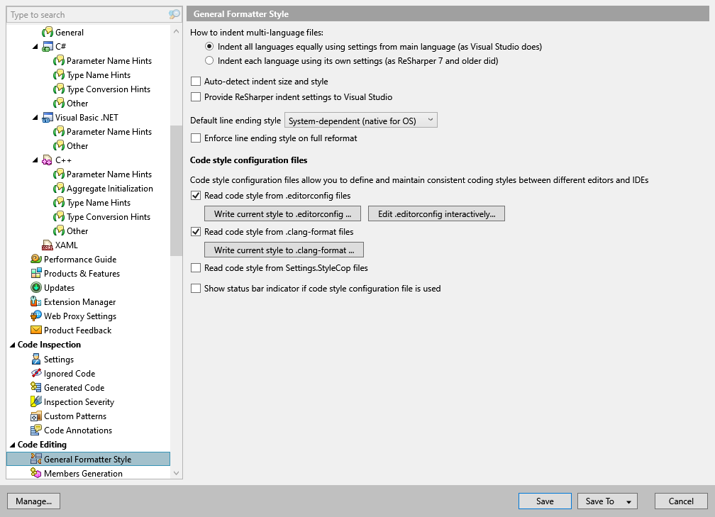 ReSharper options: Code Editing | General Formatter Style