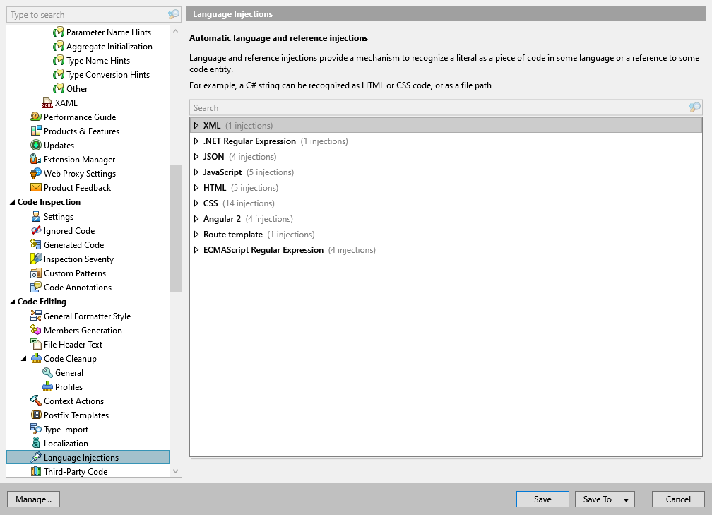 ReSharper options: Code Editing | Language Injections