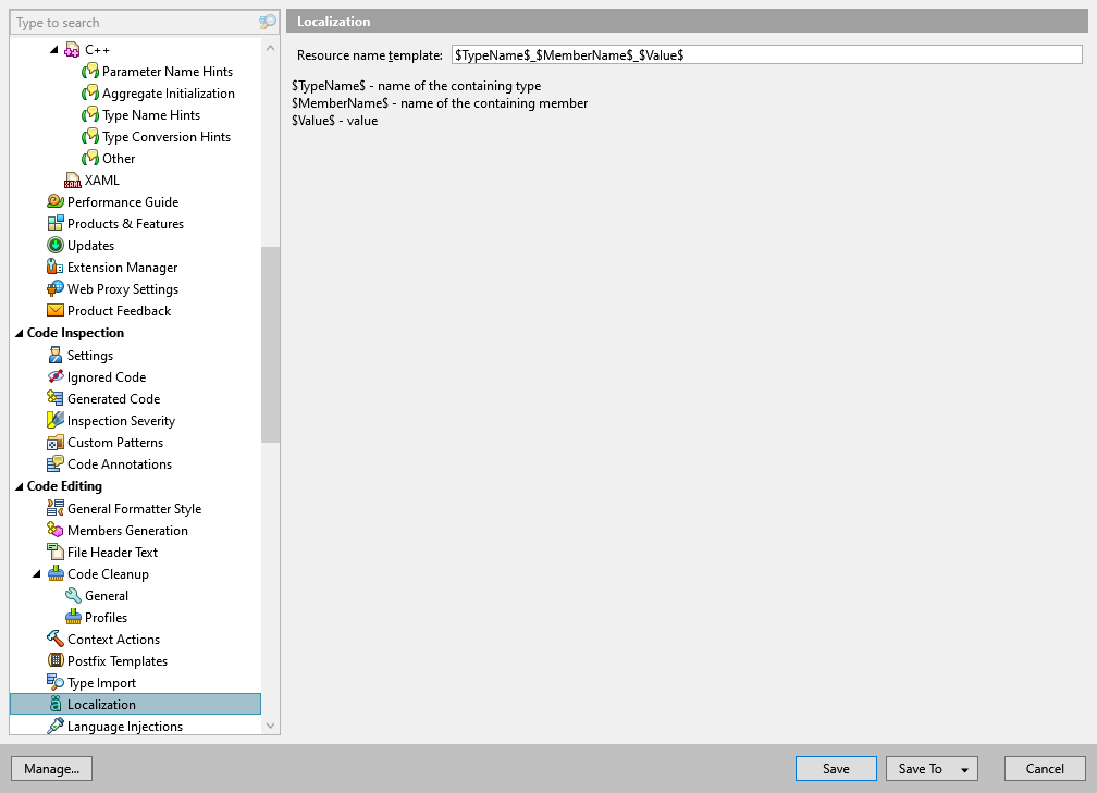 ReSharper options: Code Editing | Localization