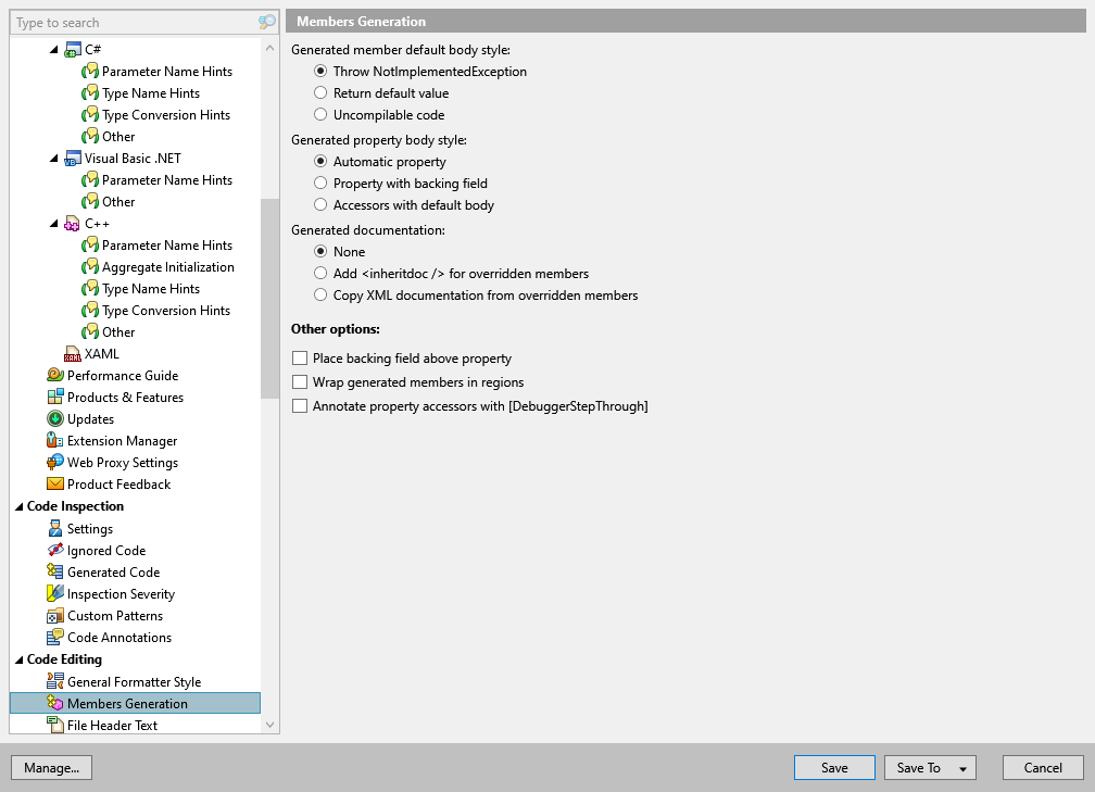 ReSharper options: Code Editing | Members Generation