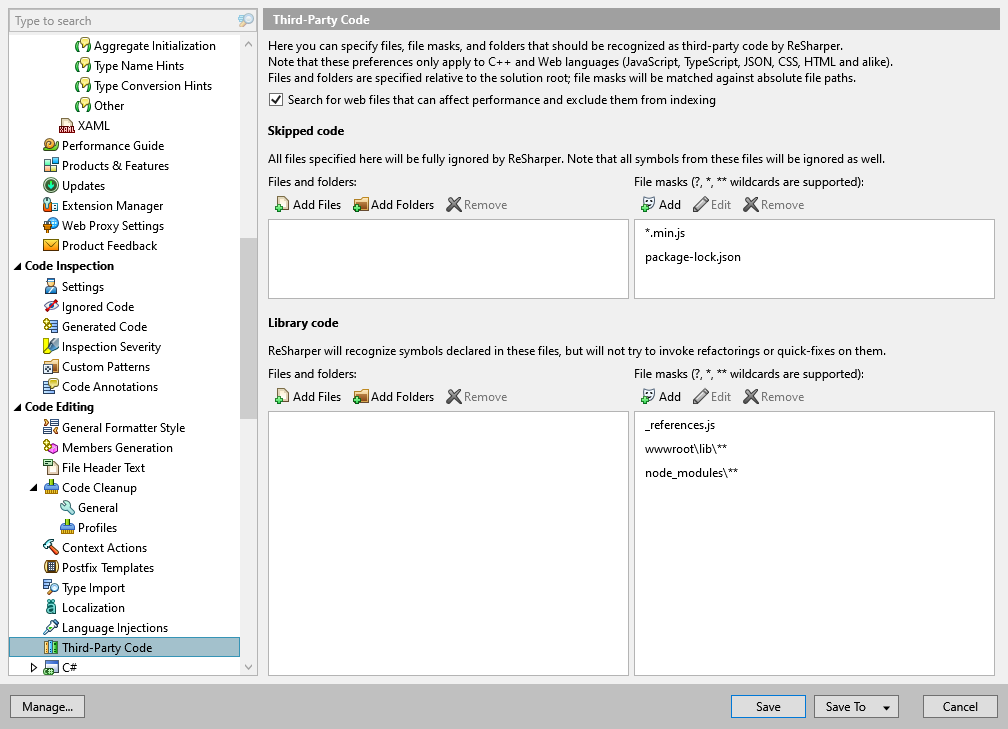ReSharper options: Code Editing | Third-Party Code