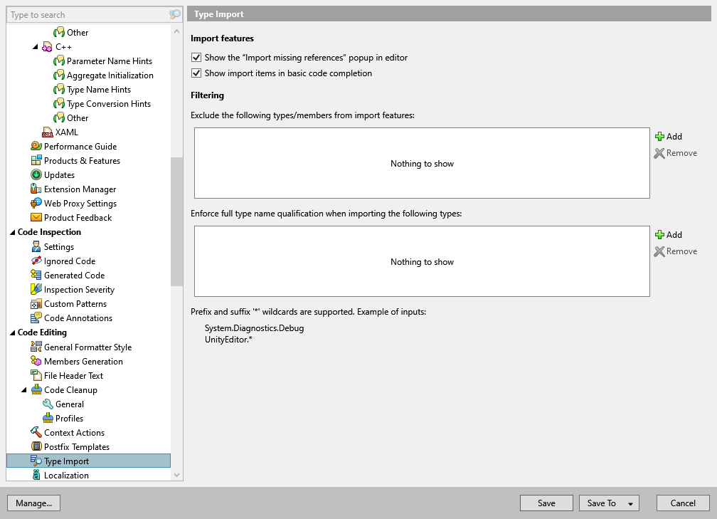 ReSharper options: Code Editing | Type Import