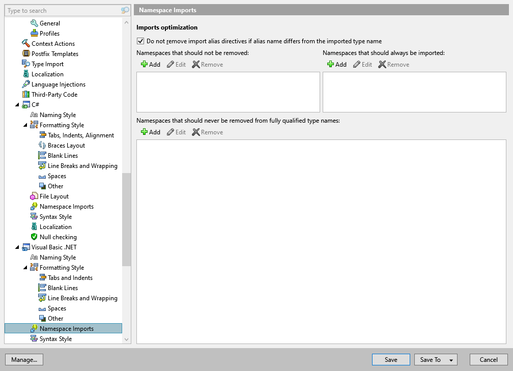 ReSharper options: Code Editing | Visual Basic .NET | Namespace Imports