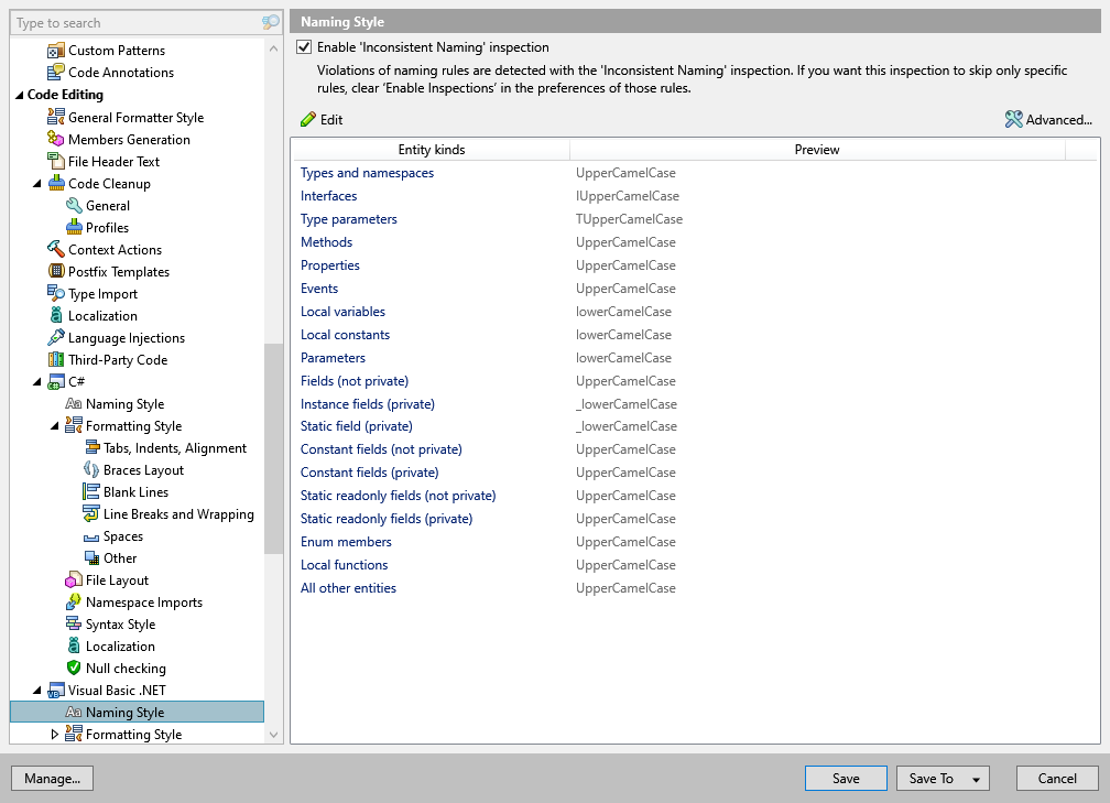 ReSharper options: Code Editing | Visual Basic .NET  | Naming Style