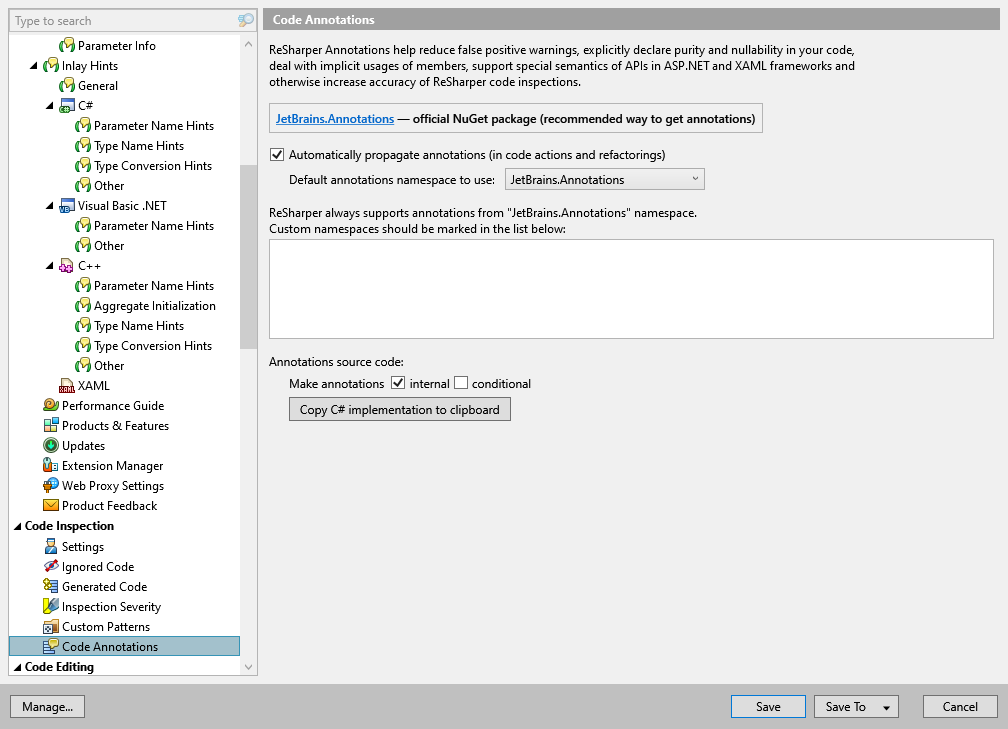 ReSharper options: Code Inspection | Code Annotations