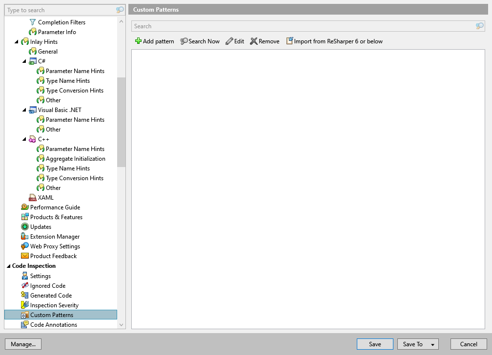 ReSharper options: Code Inspection | Custom Patterns