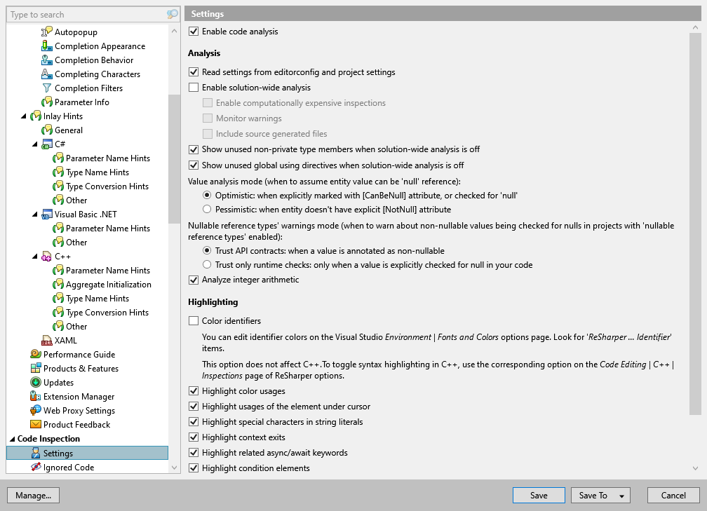 ReSharper options: Code Inspection | Settings