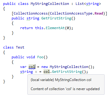 Using ReSharper code annotation to improve code analysis of collection access