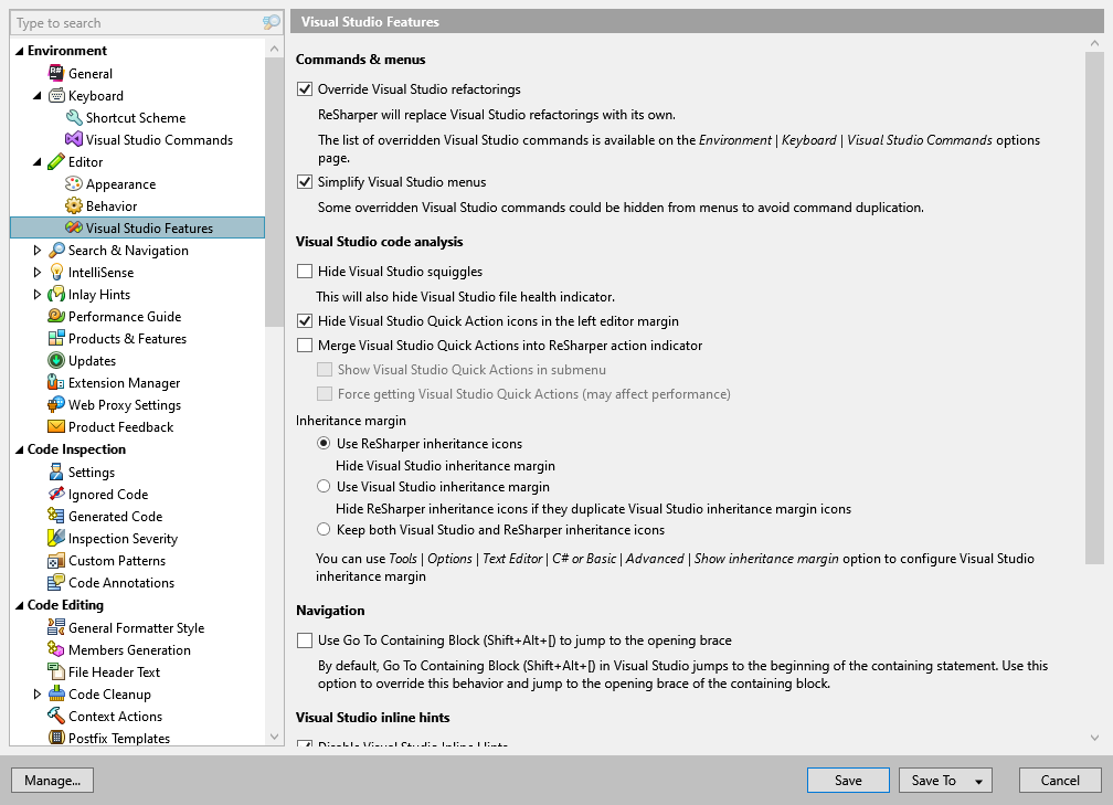 ReSharper options: Environment | Editor | Visual Studio Features