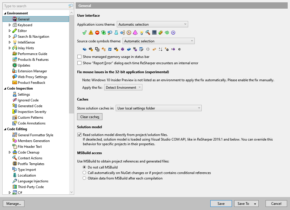 ReSharper options: Environment | General