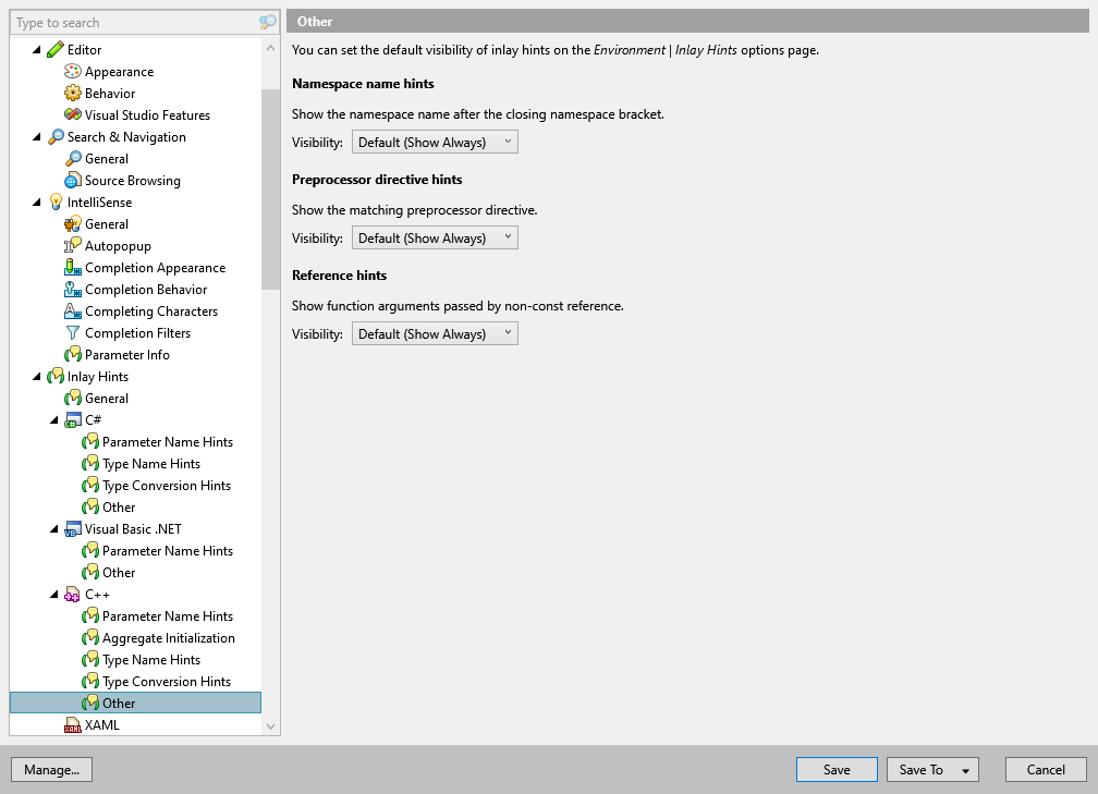 ReSharper options: Environment | Inlay Hints | C++ | Other