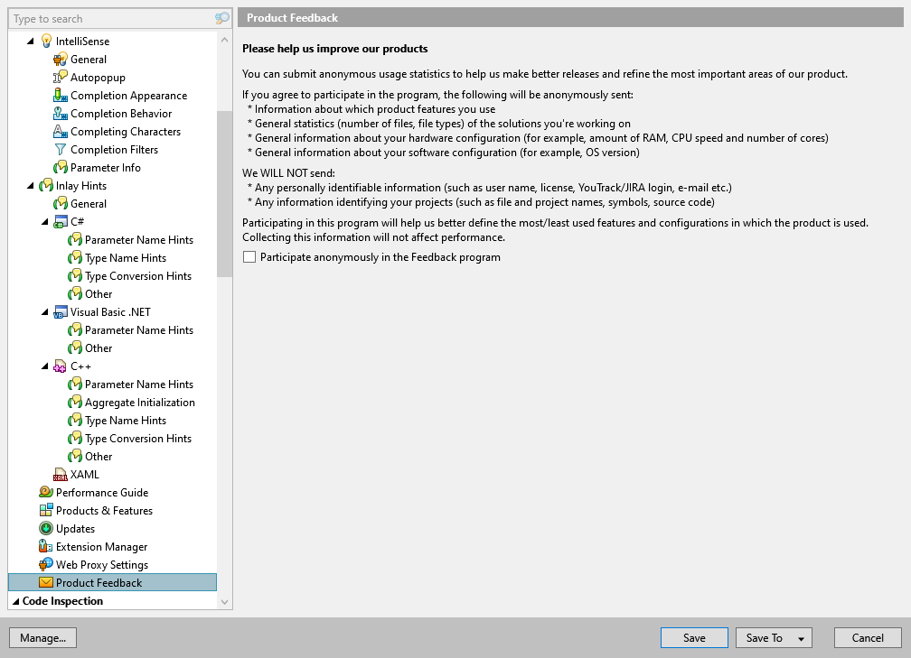 ReSharper options: Environment | Product Feedback