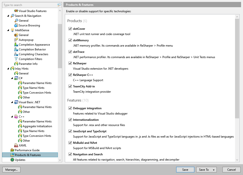 ReSharper options: Environment | Products & Features