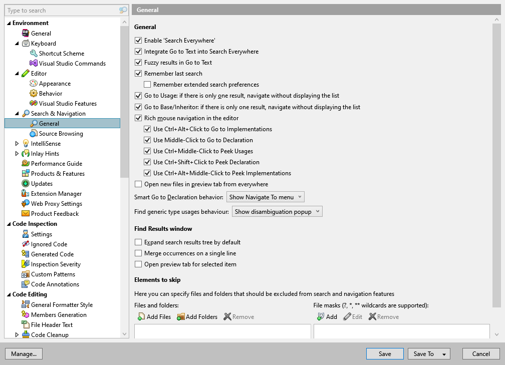 ReSharper options: Environment | Search & Navigation | General