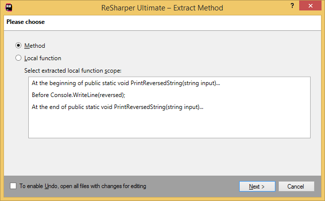 ReSharper. Extract Method refactoring: choosing between method and local function