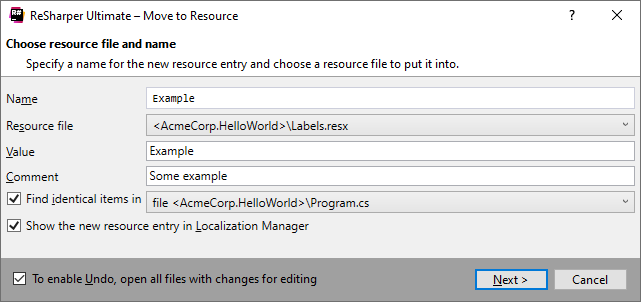 ReSharper 'Move to Resource' refactoring