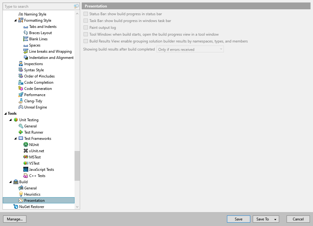 ReSharper options: Tools | Build | Presentation