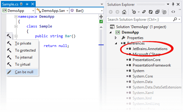 ReSharper: 'Can be null' context action