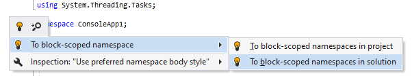 ReSharper. 'To block-scoped namespace' quick-fix