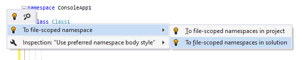 ReSharper: 'To file-scoped namespace' quick-fix