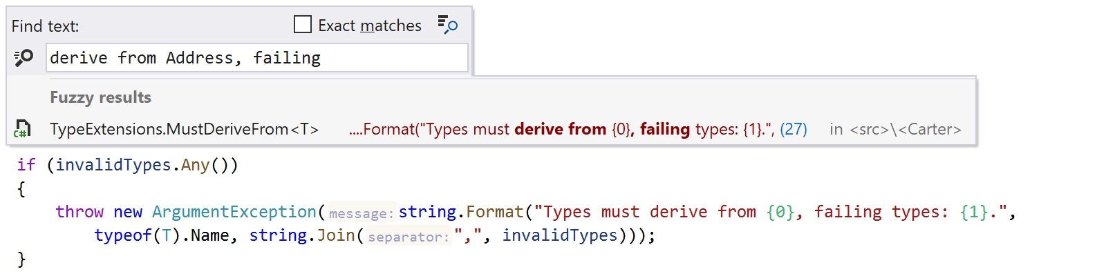 ReSharper: Fuzzy text search. Results with format specifiers