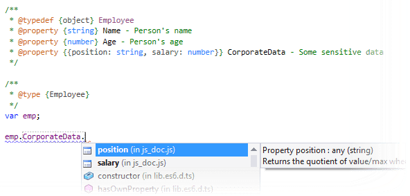 Coding assistance for JSDoc types