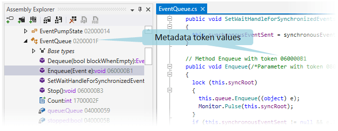 Metadata token values displayed by dotPeek Metadata token values displayed by dotPeek