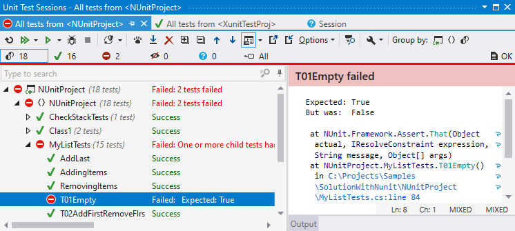 dotCover: Unit Test Sessions window