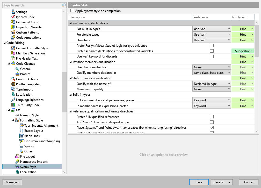 ReSharper options: Code Editing | C# | Syntax Style