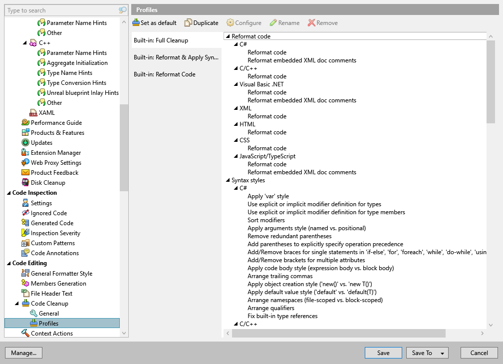 ReSharper options: Code Editing | Code Cleanup | Profiles