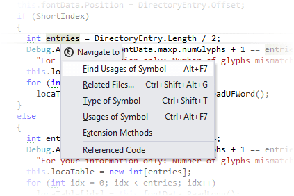 The 'Navigate To' shortcut displays all available navigation options for the current symbol