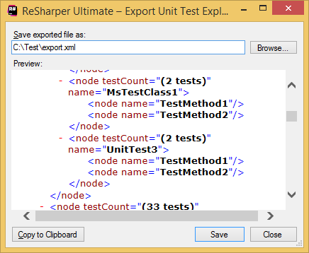 ReSharper: Export Data dialog