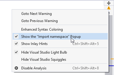ReSharper: Choosing import popup mode from the context menu of the file status indicator