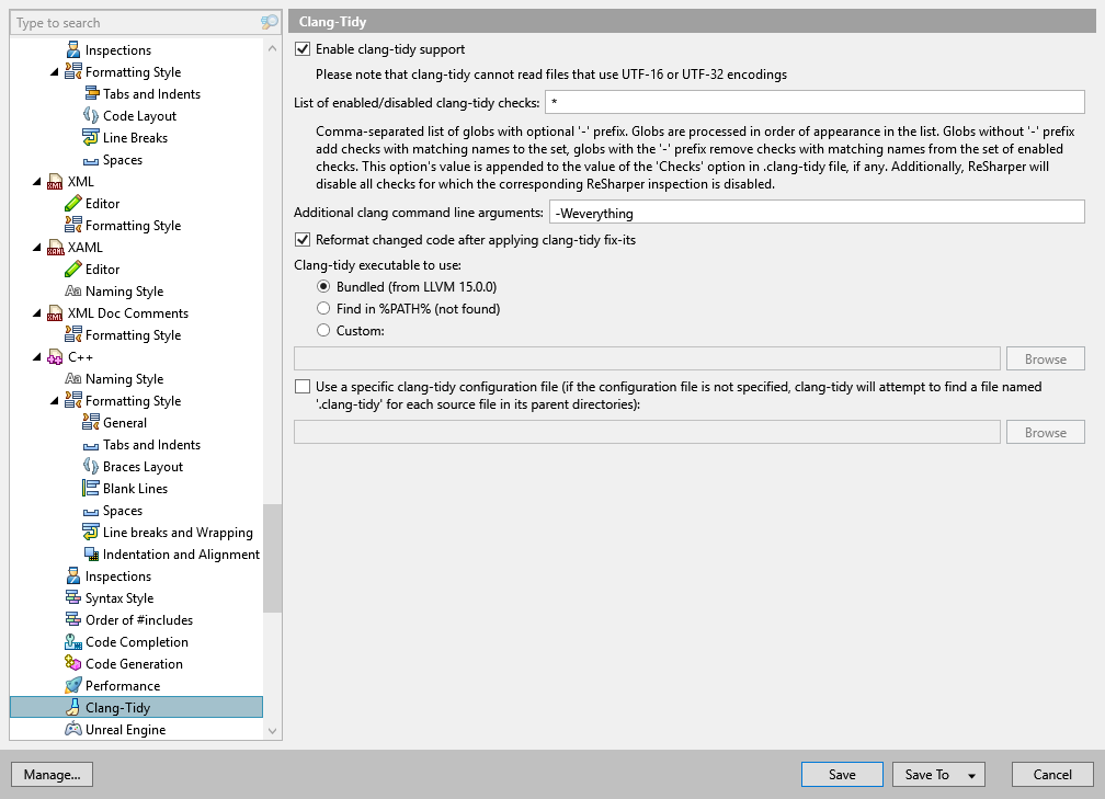 ReSharper options: Code Editing | C++ | Clang-Tidy