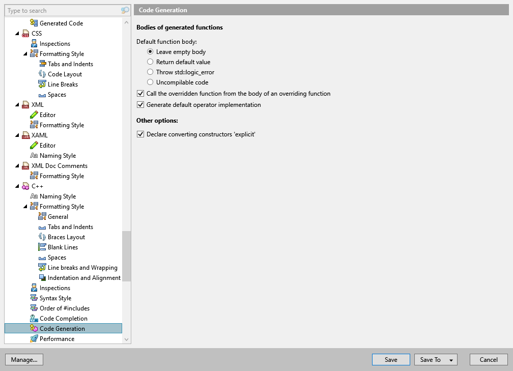 ReSharper options: Code Editing | C++ | Code Generation