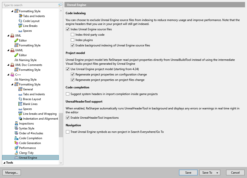 ReSharper options: Code Editing | C++ | Unreal Engine