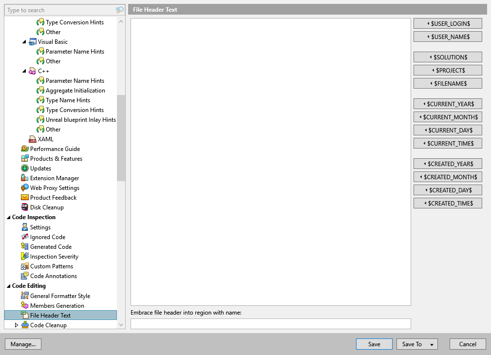 ReSharper options: Code Editing | File Header Text