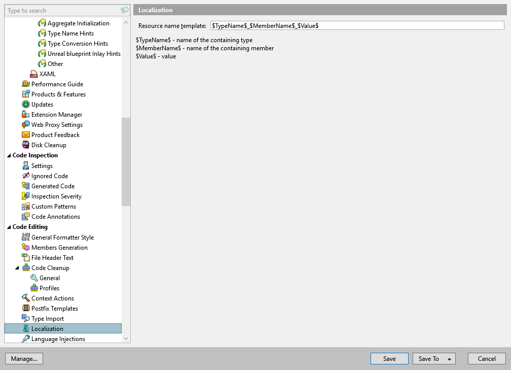 ReSharper options: Code Editing | Localization