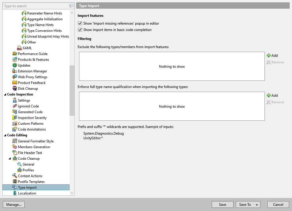 ReSharper options: Code Editing | Type Import