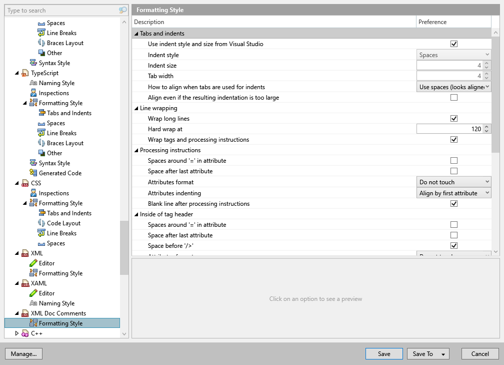 ReSharper options: Code Editing | XML Doc Comments | Formatting Style