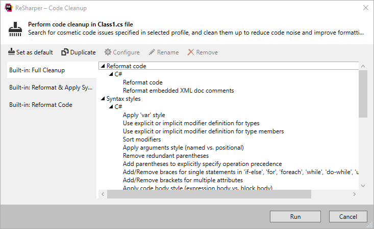 ReSharper. Code Cleanup dialog