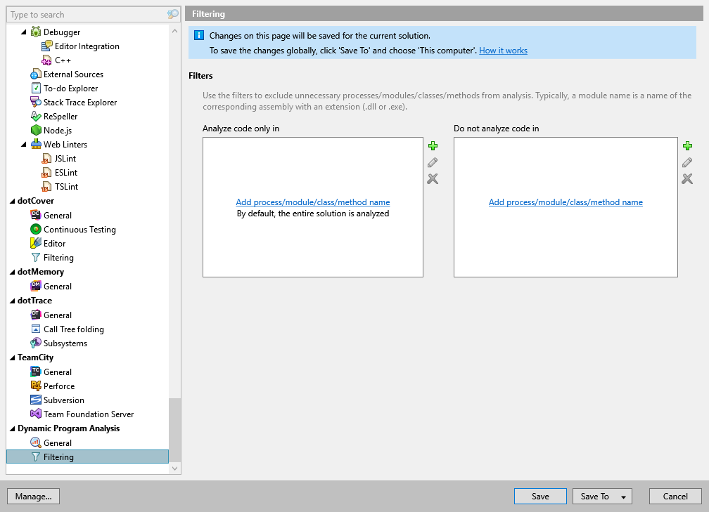 ReSharper options: Dynamic Program Analysis | Filtering