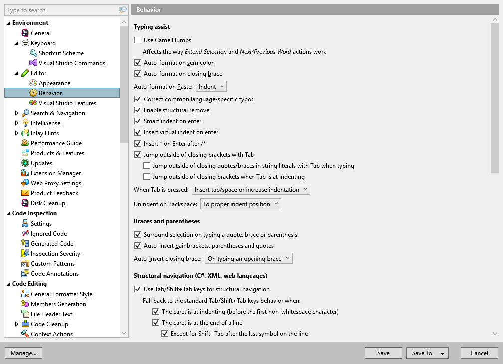 ReSharper options: Environment | Editor | Behavior