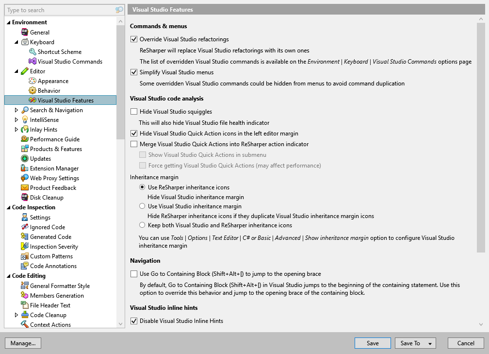 ReSharper options: Environment | Editor | Visual Studio Features