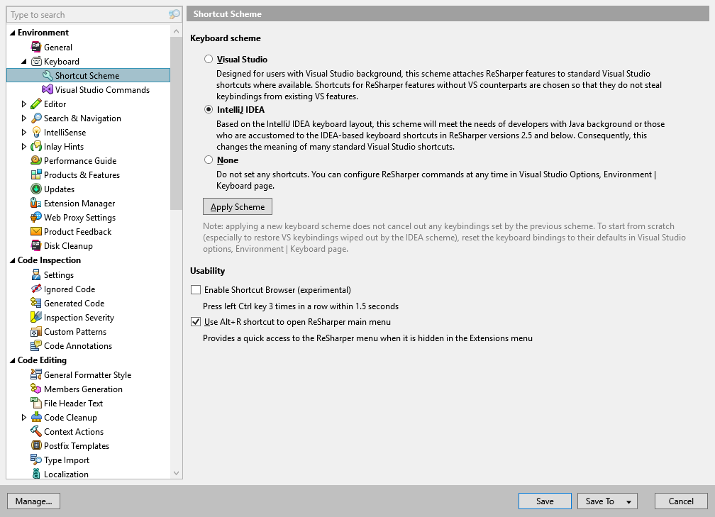 ReSharper options: Environment | Keyboard | Shortcuts Scheme