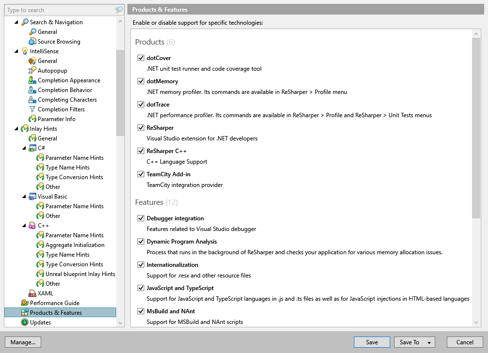 ReSharper options: Environment | Products & Features